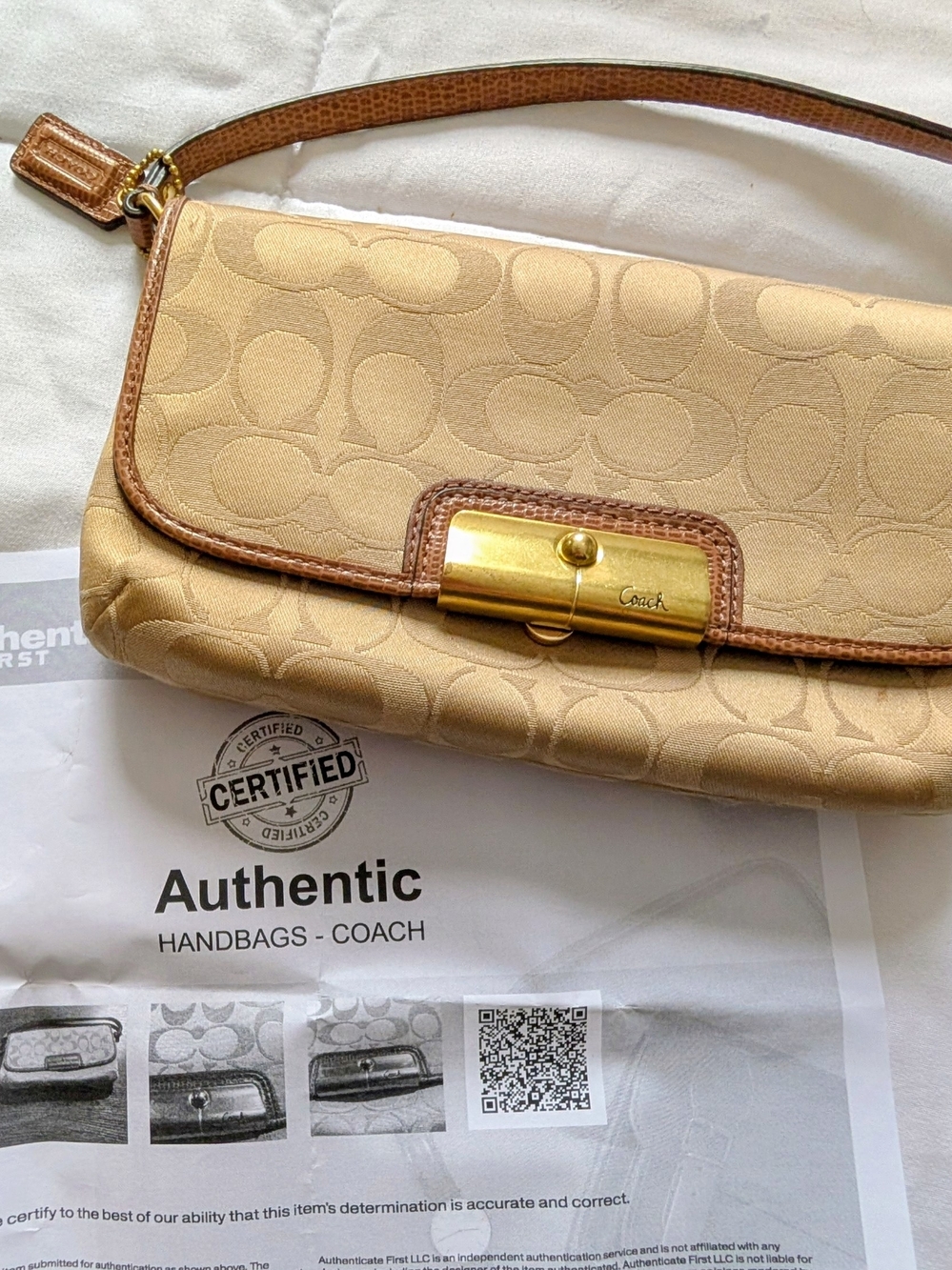 Coach Tan Signature Jacquard Wristlet with Gold Hardware/COA - Picture 6 of 12